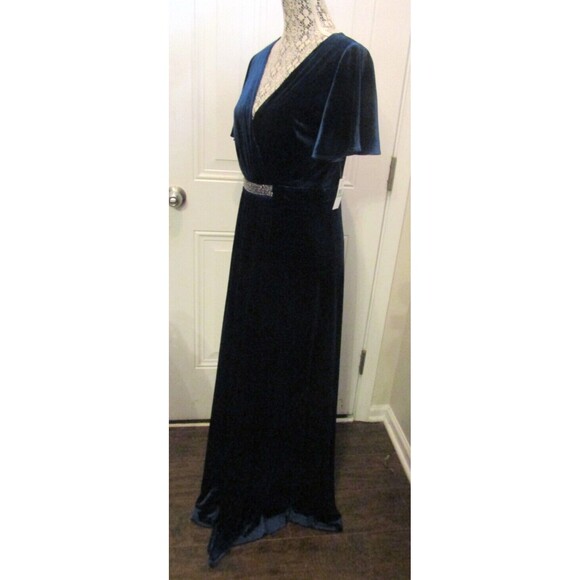 S.L. Fashions NWT Long Flutter Sleeve V Neck Dress Beaded Waist Womens Size 8 - Picture 5 of 10